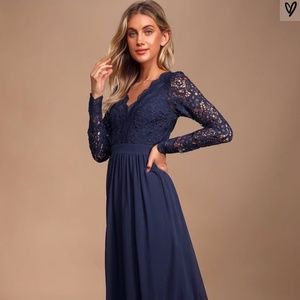 Awaken My Love Navy Blue Long Sleeve Lace Maxi Dre